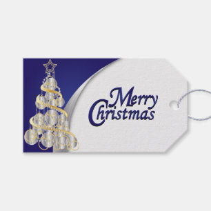 Étiquettes-cadeau Bleu, argent, blanc et Noël élégants d'or