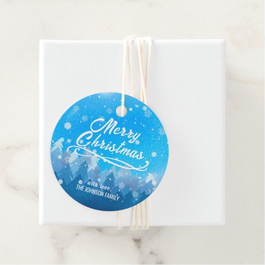 Étiquettes Cadeau Bleu Blanc Neige Paisible Forêt Joyeux Noël (En situation)