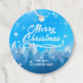 Étiquettes Cadeau Bleu Blanc Neige Paisible Forêt Joyeux Noël (Devant)
