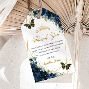 Étiquettes-cadeau Bleu bleu marine papillons floraux Quince 16e anni