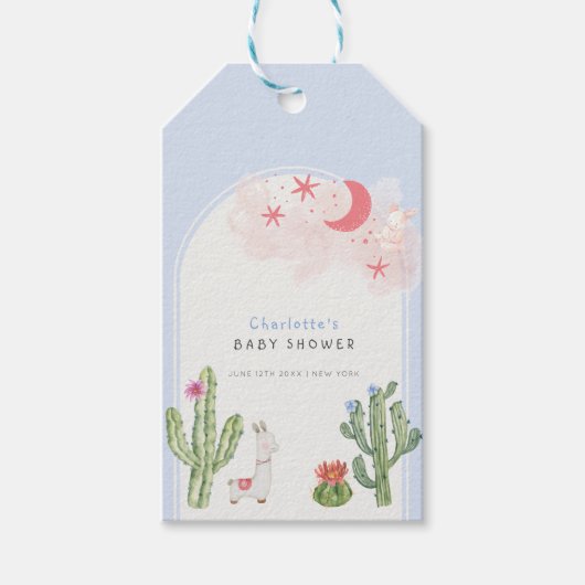 Étiquettes-cadeau Bleu Boho Arch Cactus Jouets Baby shower garçon (Devant)