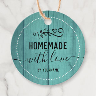 Étiquettes Cadeau Bleu Bois fantaisie Script fait maison avec amour