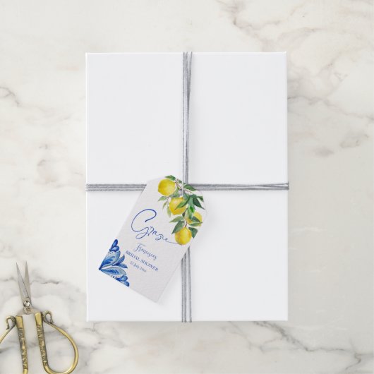 Étiquettes-cadeau Bleu carreaux citrons italien nuptiale (Avec de la ficelle)