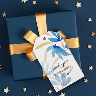 Étiquettes-cadeau Bleu Clair Et Or Fleur sauvage Aquarelle Art