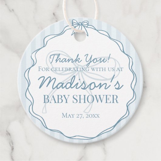 Étiquettes Cadeau Bleu Coquette Bow Pastel Baby shower rayé (Devant)