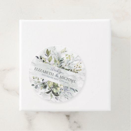 Étiquettes Cadeau Bleu Duché Eucalyptus Vert Marbre botanique (En situation)