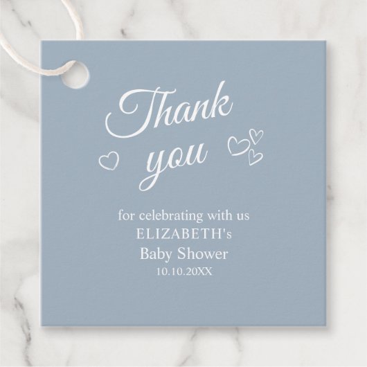Étiquettes Cadeau Bleu Dusty Baby shower simple Merci Favoriser bali (Devant)
