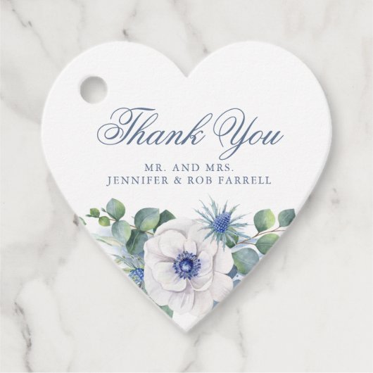 Étiquettes Cadeau Bleu Dusty Floral Verdure Amour Coeur Mariage (Devant)