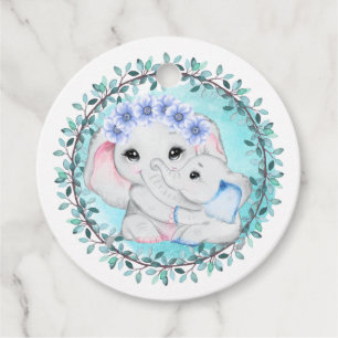 Étiquettes Cadeau Bleu éléphant bébé garçon maman feuille wreath nai