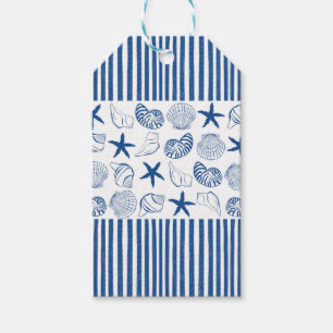 Étiquettes-cadeau Bleu et blanc Bandes et coquilles marines