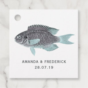 Étiquettes Cadeau Bleu et Or Mariage Nautique Vintage Poisson