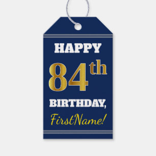 Étiquettes-cadeau Bleu, Faux Or 84e Anniversaire + Nom Personnalisé