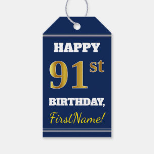 Étiquettes-cadeau Bleu, Faux Or 91e Anniversaire + Nom Personnalisé