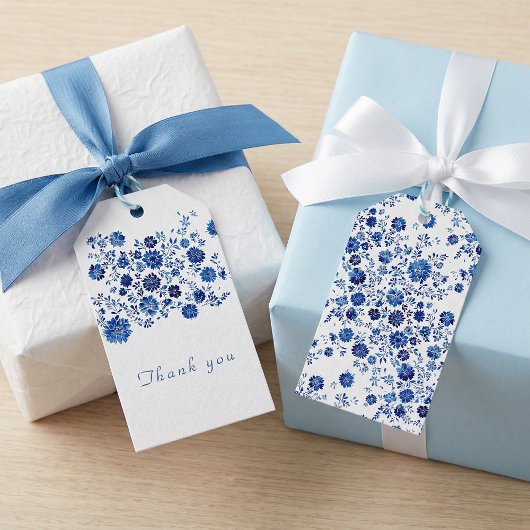 Étiquettes-cadeau Bleu Floral Chinoiserie Merci