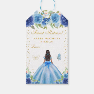 Étiquettes-cadeau Bleu Floral Peau Sombre Princesse Sweet Sixteen
