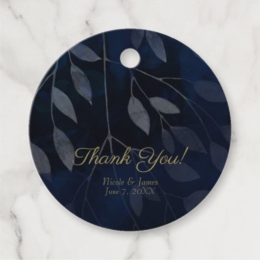 Étiquettes Cadeau Bleu foncé Botanique Feuille Moderne Chic Mariage (Devant)