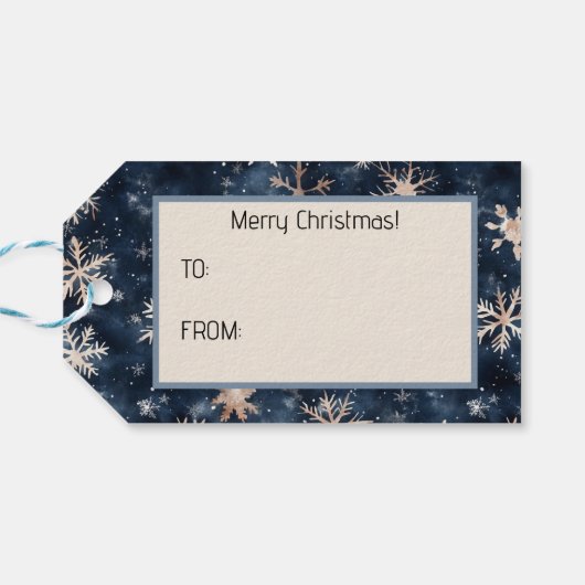 Étiquettes-cadeau Bleu foncé simple avec flocons de neige (Dos Horizontal)