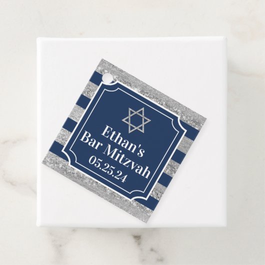 Étiquettes Cadeau Bleu, Gris Barre Barre Mitzvah Merci (En situation)