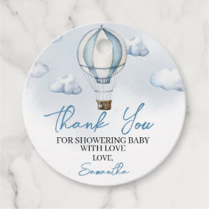 Étiquettes Cadeau Bleu Hot Air Balloon Baby shower rond Faveur Tags