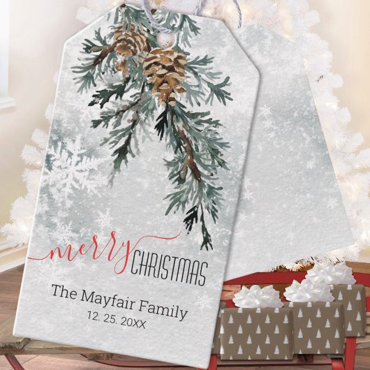 Étiquettes-cadeau Bleu Juniper Bough Pine Cônes Snowland
