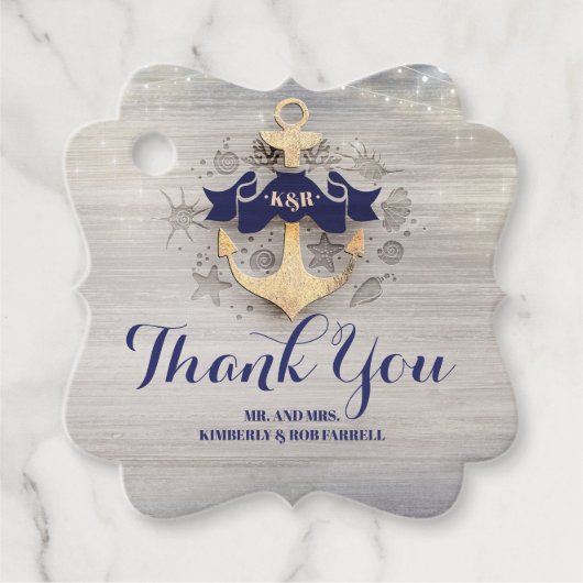 Étiquettes Cadeau Bleu marine Ancre dorée Merci nautique (Devant)