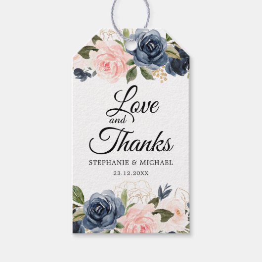 Étiquettes-cadeau Bleu marine rose botanique blush rose (Devant)