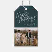 Étiquettes-cadeau Bleu Moderne Simple Script Photo Joyeux Vacances (Devant)
