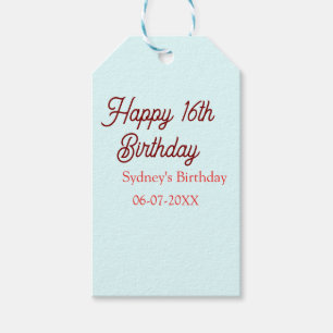 Étiquettes-cadeau Bleu pastel rouge joyeux 16e anniversaire nom date
