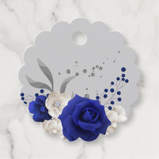 Étiquettes Cadeau bleu royal fleurs blanches argent feuilles (Devant)