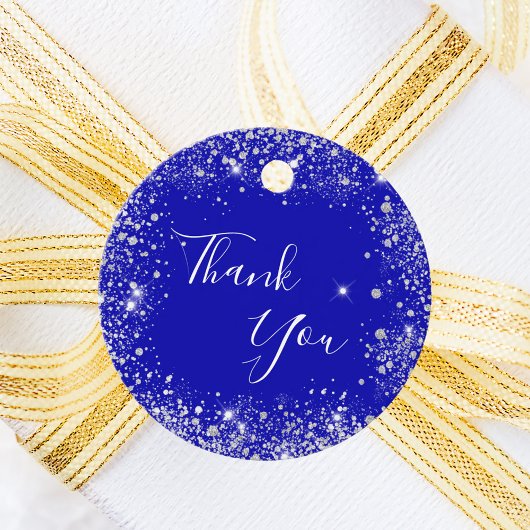 Étiquettes Cadeau Bleu royal paillettes d'argent monogramme merci