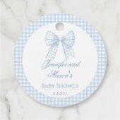 Étiquettes Cadeau Bleu ruban en vichy bébé garçon douche merci (Dos)