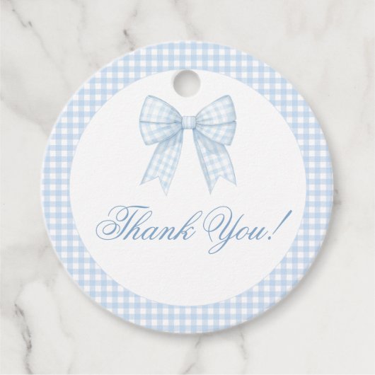 Étiquettes Cadeau Bleu ruban en vichy bébé garçon douche merci (Devant)