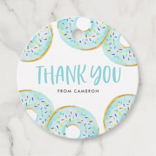 Étiquettes Cadeau Bleu saupoudrer beignets Anniversaire Merci de fêt (Devant)