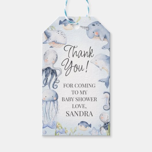Étiquettes-cadeau Bleu sous la mer Créatures Baby shower garçons (Devant)