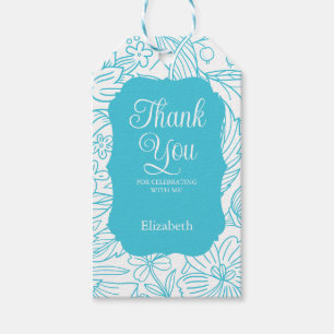 Étiquettes-cadeau Bleu Turquoise Blanc Flora Girl Anniversaire Merci