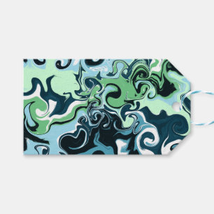 Étiquettes-cadeau Bleu, Vert et Blanc tourbillons Abstrait Fluid Art
