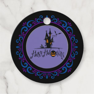 Étiquettes Cadeau Bleu violet Joyeux Halloween Maison hantée