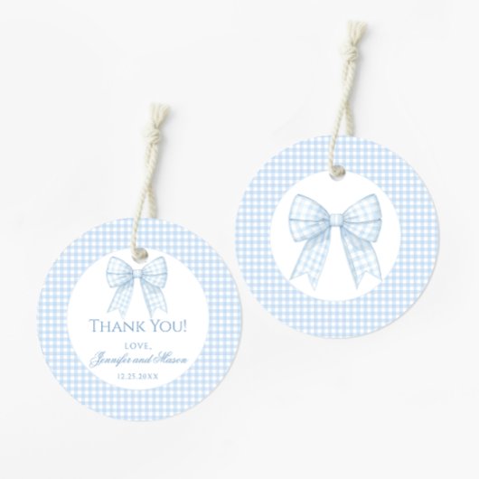 Étiquettes Cadeau Blue bow en vichy bébé garçon douche merci