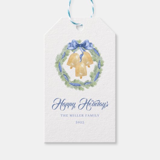 Étiquettes-cadeau Blue Bow Watercolor Wreath Grandmillenial (Devant)