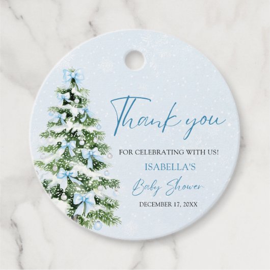 Étiquettes Cadeau Blue Bows Christmas Tree Boy Baby shower d'hiver (Devant)