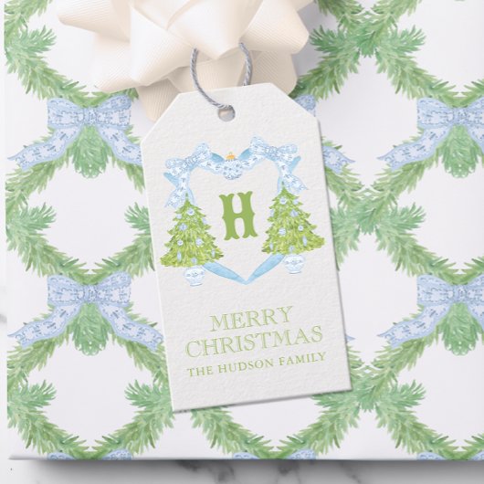 Étiquettes-cadeau Blue Chinoiserie Arbre de Noël Monogram Crest