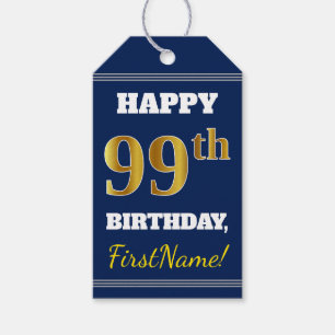 Étiquettes-cadeau Blue, Faux Gold 99e anniversaire + Nom personnalis