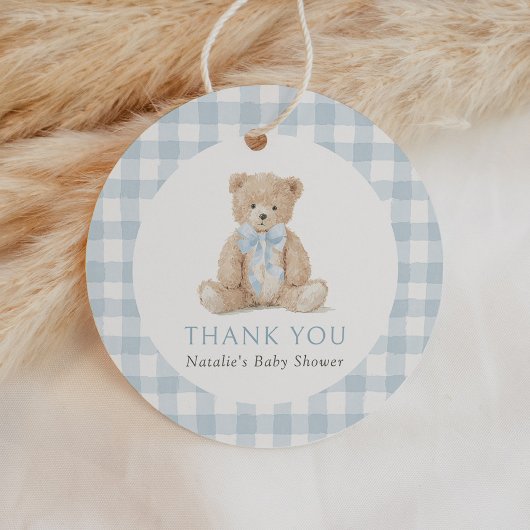 Étiquettes Cadeau Blue Gingham Teddy Bear Baby Shower