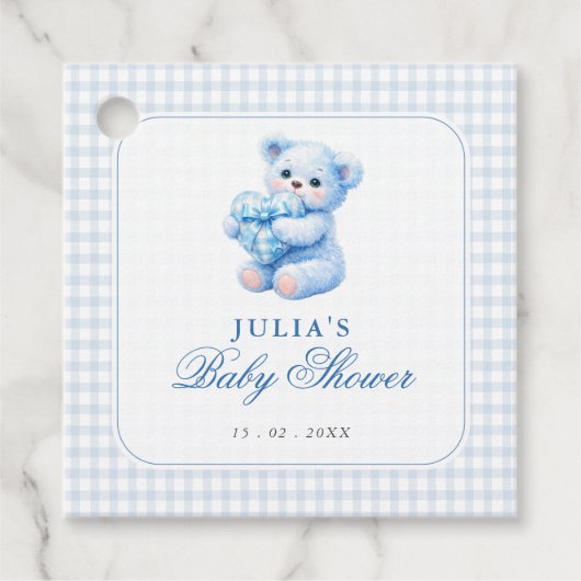 Étiquettes Cadeau Blue Gingham Teddy Bear Neutral Baby Shower (Devant)
