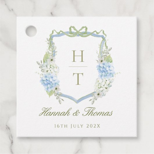 Étiquettes Cadeau Blue Hydrangea Crest Wedding Monogram (Devant)