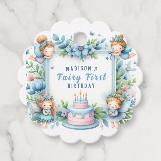 Étiquettes Cadeau Blue Pastel Floral Fairy First Birday - (Devant)