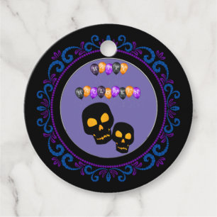 Étiquettes Cadeau Blue Purple Black Skuls Joyeux Ballons d'Halloween
