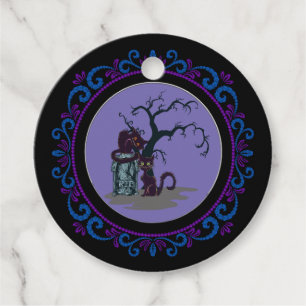 Étiquettes Cadeau Blue Purple Chats noirs Tombstone Tree Halloween