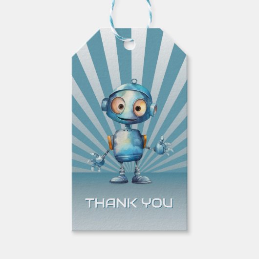 Étiquettes-cadeau Blue Robot thème Anniversaire Merci (Devant)