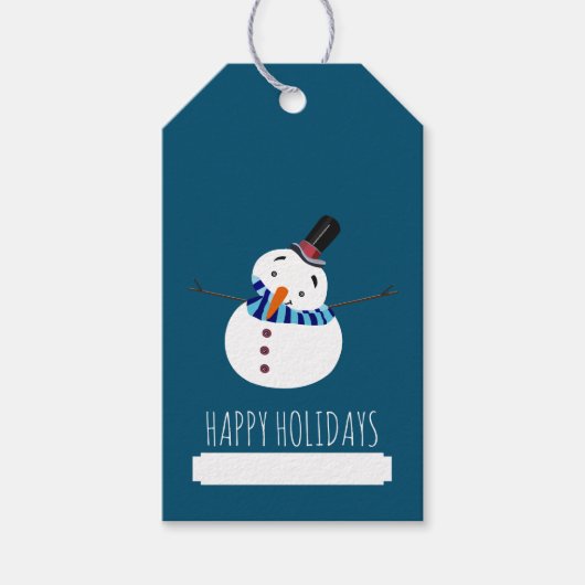 Étiquettes-cadeau Blue Snowman, Joyeuses Fêtes (Devant)